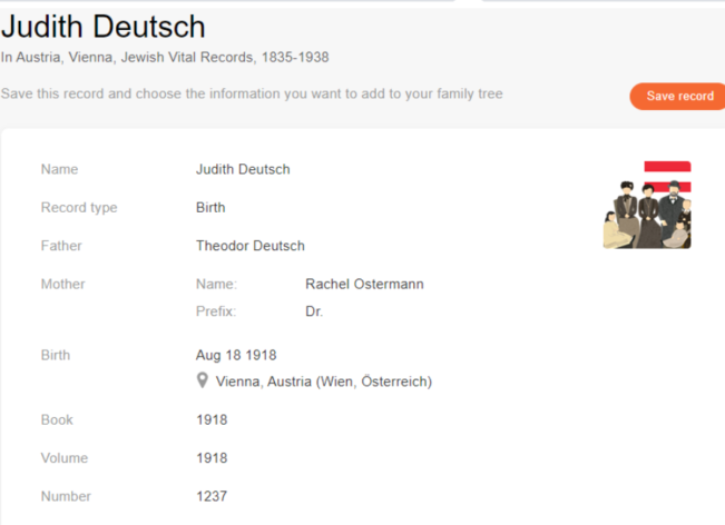 Akt urodzenia Judith Deutsch [Credit: MyHeritage Austria, Vienna, Jewish Vital Records, 1835-1938].
