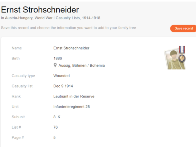 Lista ofiar Ernsta Strohschneidera [Credit: MyHeritage Austria-Hungary, Lista ofiar I wojny światowej, 1914-1918].