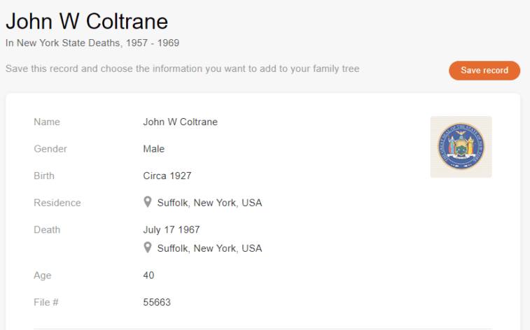 Akta śmierci Johna W. Coltrane’a [Kredyt: MyHeritage New York State Deaths, 1957-1969]