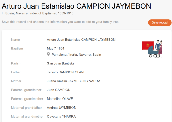 Rekord chrztu Arturo Juana Estanislao Campiona Jaymebona [Kredyt: MyHeritage Hiszpania, Nawarra, Indeks Chrztów, 1559-1910]