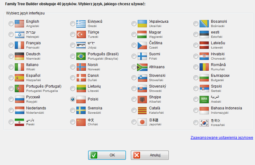 Teraz jest dostępnych 40 języków w Family Tree Builder