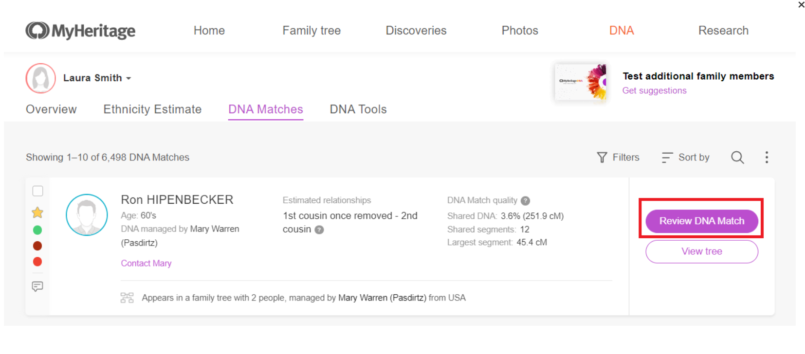 Otwarcie strony Przeglądu dopasowania DNA (kliknij, aby powiększyć)