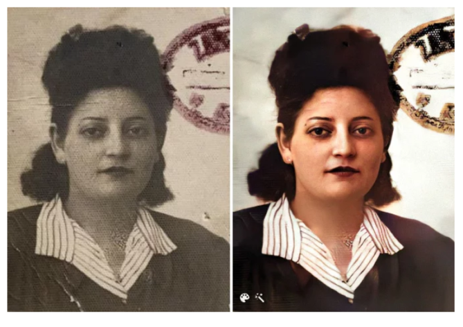 Jadwiga Kejzman, babcia Karen (Zdjęcie po prawej ulepszone i pokolorowane na MyHeritage)