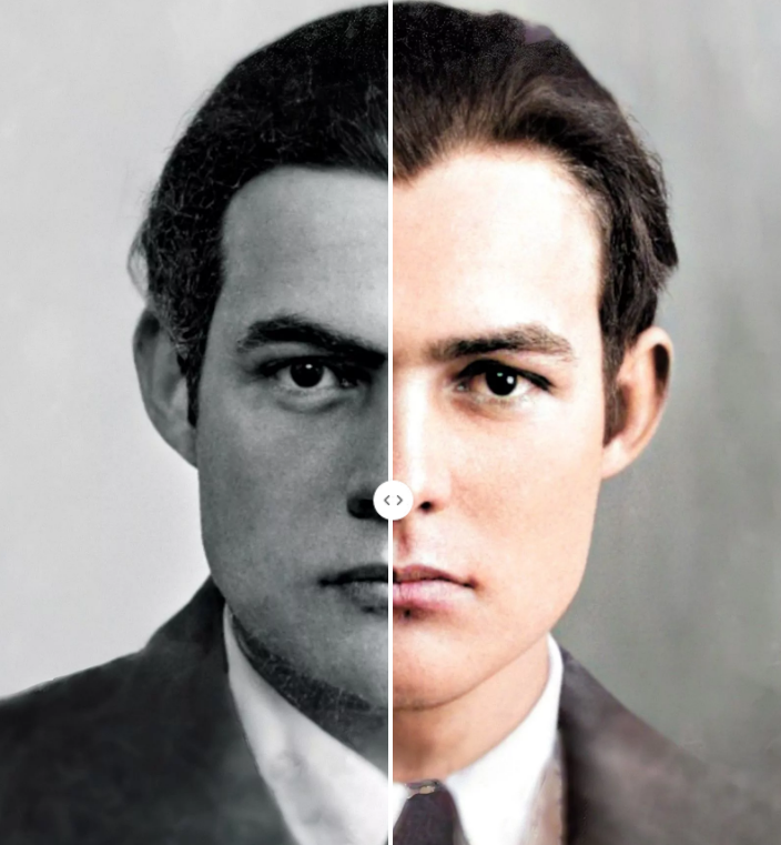 Zdjęcie paszportowe Ernesta Hemingwaya, pokolorowane i poprawione przez MyHeritage