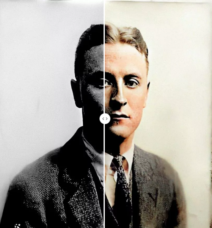 Zdjęcie paszportowe F.S. Fitzgeralda, pokolorowane i poprawione przez MyHeritage